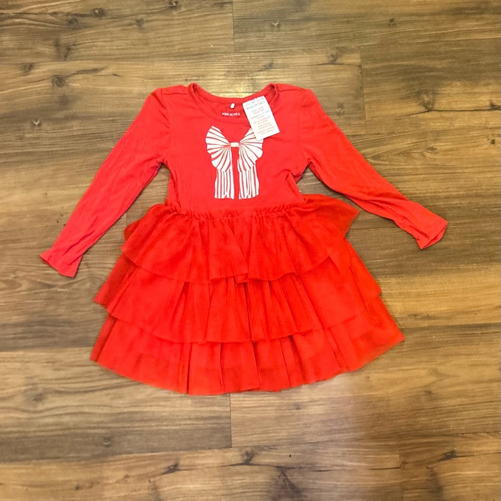 Posh Peanut Christmas Red Bow Long Sleeve Dress with Tulle